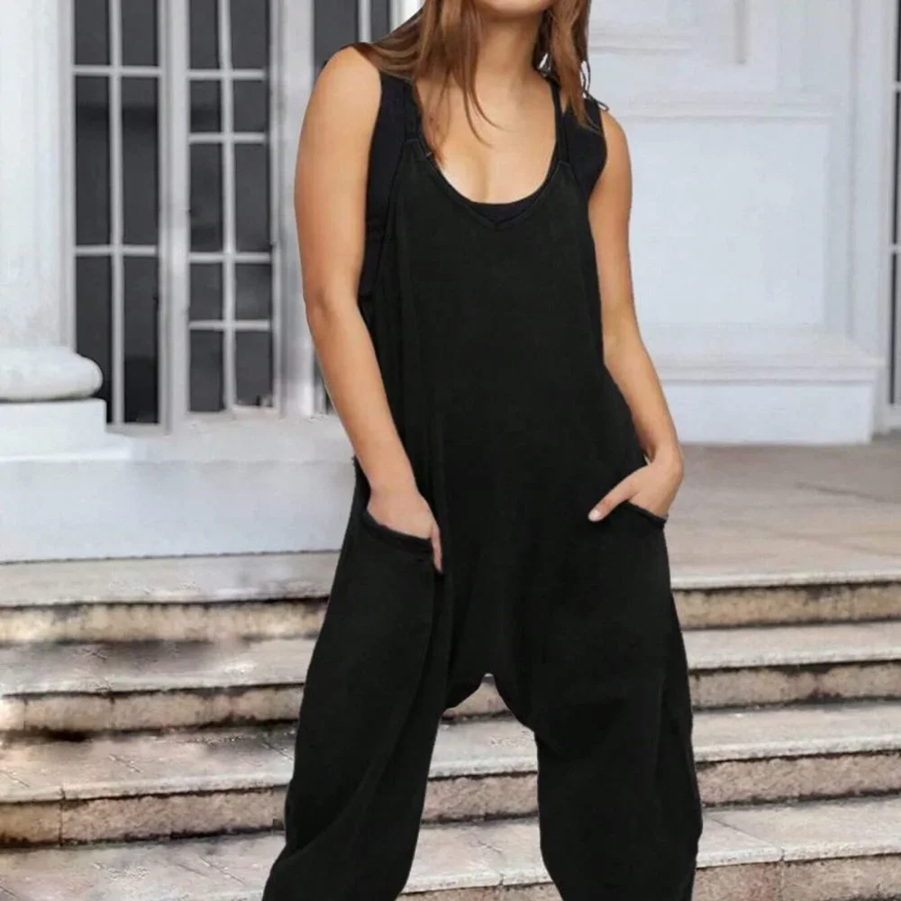 Black Boho Womens Dual Pocket Drop Crotch Hem Cami Jumpsuit - Picture 3 of 4
